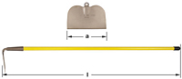 Two horizontal views of a straight-blade garden hoe with yellow fiberglass handle and black tip end.  Top image shows the straight, wide blade with slight double bump at the top. Bottom image shows overall length of the hoe with blade and handle together.